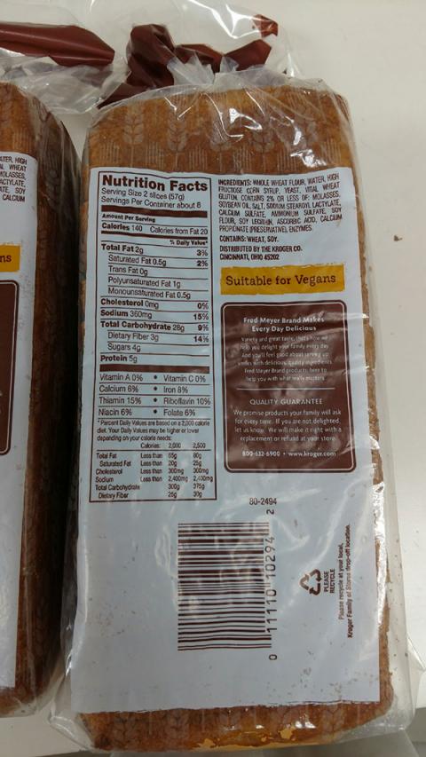 Picture, Fred Meyer's 100% Whole Wheat Bread, back panel"