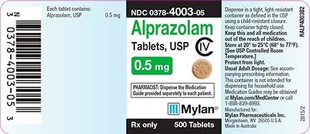 Alprazolam Tablets, USP C-IV 0.5mg. MYLAN RX Only 500 Tablets