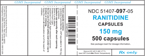 GSMS Incorporated, NDC 51407-097-05 Ranitidine Capsules 150 mg 500 capsules Rx only