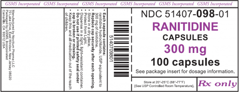 GSMS Incorporated, NDC 51407-098-05 Ranitidine Capsules 300 mg 100 capsules Rx only