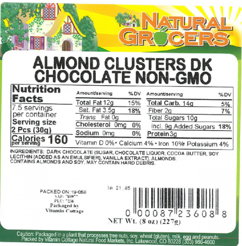 Product label Natural Grocers Almond Clusters DK Chocolate Non-GMO 8 oz