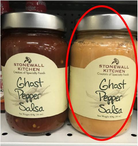 Circled jar (right) is the front label for Ghost Pepper Salsa with Ghost Pepper Queso in the jar. To the left is the correct Ghost Pepper Salsa product.