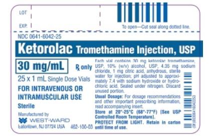2nd label: “Ketorolac Tromethamine Injection, USP 30mg/mL, 25 X 1 mL vials, shelf pack label”