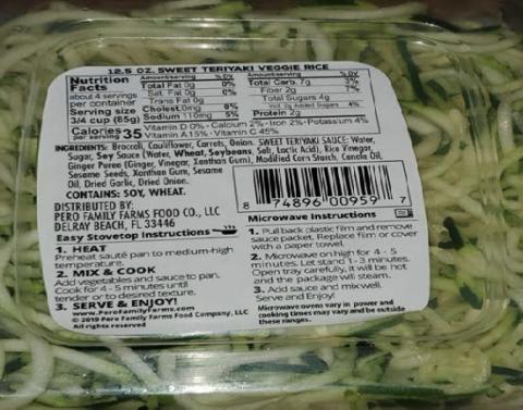 “Incorrect Back label applied to recalled Pero Family Farms Zucchini Spiral Pesto side Dish Kit”