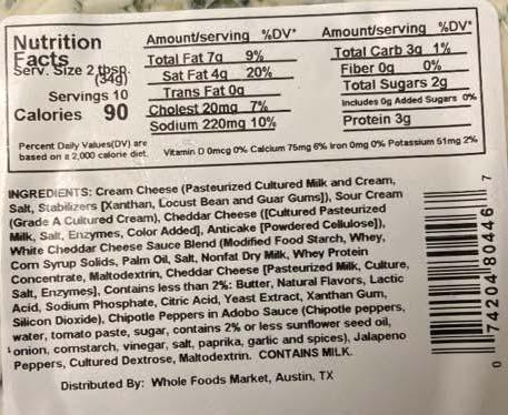 “Whole Foods Spinach Artichoke Dip, Nutrition Facts label”