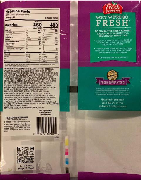 Back of Bag: Fresh Express Nutrition Facts and Ingredients Statement