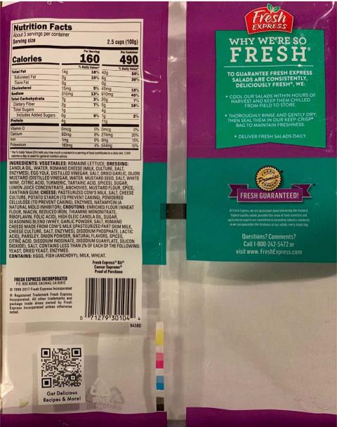 Back of Bag: Fresh Express Nutrition Facts and Ingredients Statement