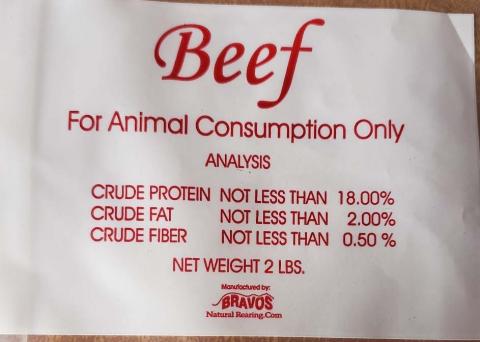Label - Beef for Animal Consumption Only, Analysis, BRAVOS