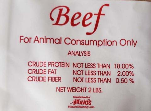 Label -  Beef for Animal Consumption Only, Analysis, BRAVOS