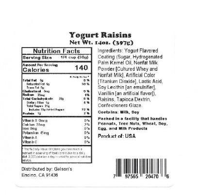 Product back Label, Gelson’s Yogurt Raisins, Nutrition Facts, Ingredients, UPC