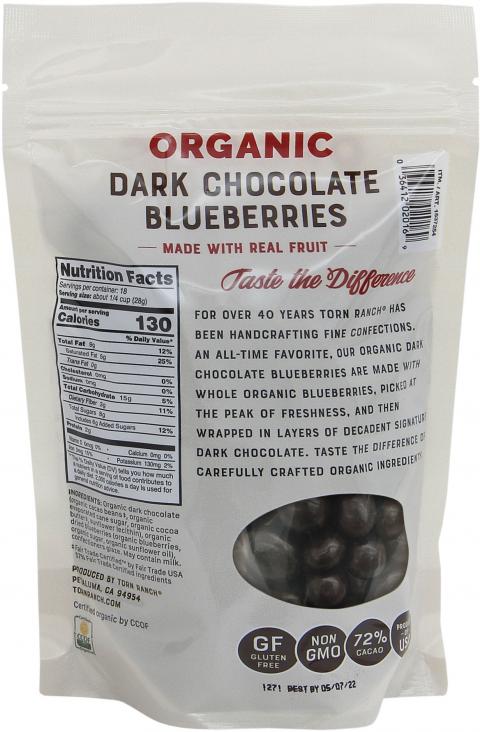Back of package, Torn Ranch Organic Dark Chocolate Blueberries