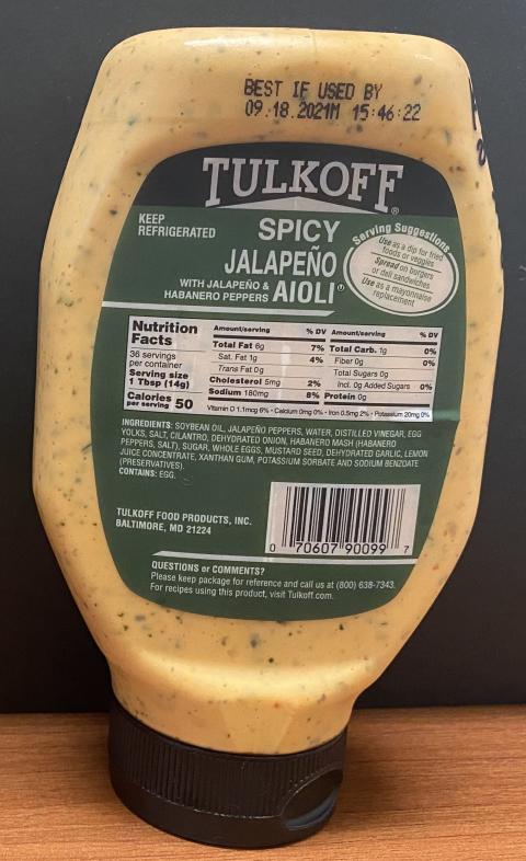 Back Bottle Label TULKOFF SPICY JALAPENO KIMCHI AIOLI, Nutrition Facts and Ingredient List 