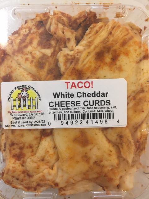 Product image and labeling, Picket Fence Creamery Taco White Cheddar Cheese Curds