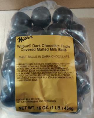 Wilbur Dark Chocolate Triple Covered Malted Milk Balls, Best by date 10/12/2022 Front