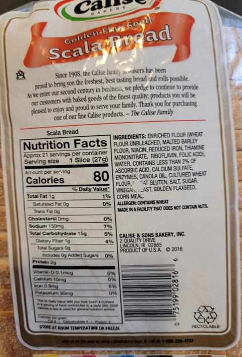 Photo 2 – Labeling, Calise Bakery Golden Flax Seed Scala Bread, back of package