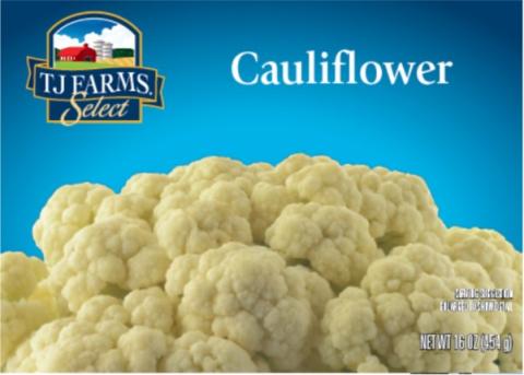 Front of package, TJ Farms Select Frozen Cauliflower