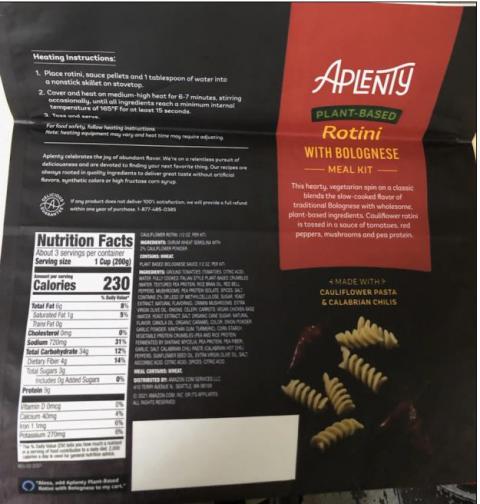 Aplenty Rotini with Plant based Bolognese Meal Kit, Back Label