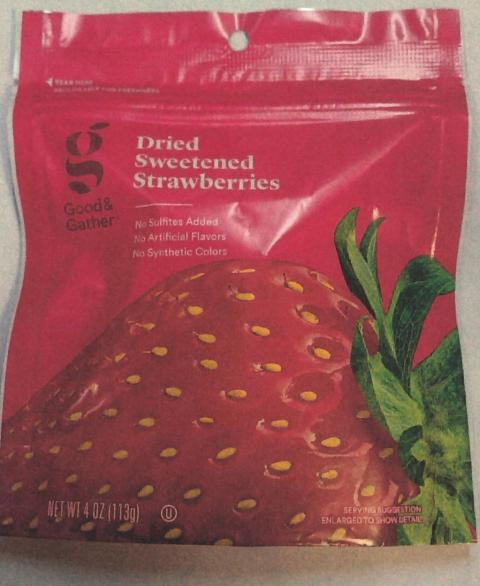 1st image: “Good & Gather Dried Sweetened Strawberries, Net Wt 4 oz”