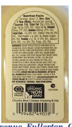 Photo 2 – Labeling, Back of packaging, 365 Organic Creamy Caesar Dressing