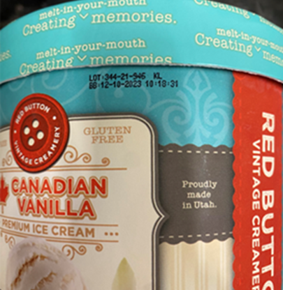 Photo 1 – Labeling, Red Button Vintage Creamery Canadian Vanilla Ice Cream, showing lot code placement and best buy dates near the top of the container