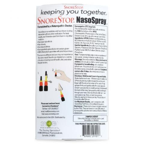 “Product back image, SnoreStop NasoSpray”