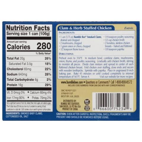 BUMBLE BEE SMOKED CLAMS NUTRITION FACTS PANEL