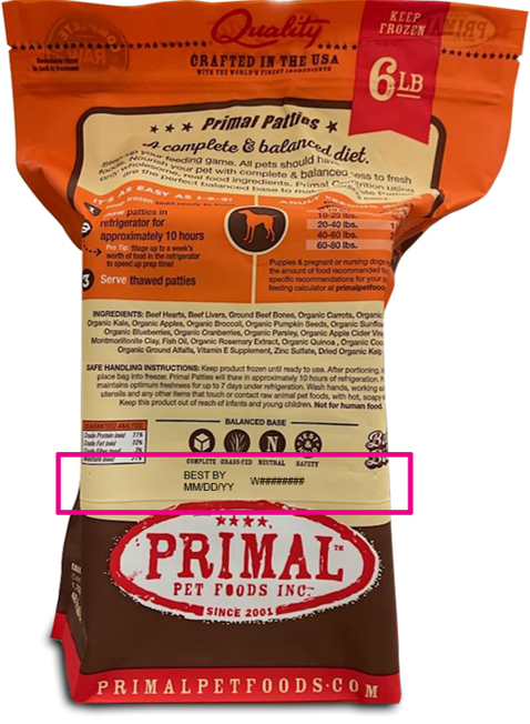 Package Back:  PRIMAL PET FOODS INC., Ingredient Statement with Location of Best By Date