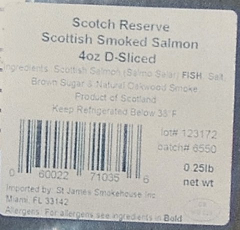 Label, back of package, Scotch Reserve Scottish Smoked Salmon