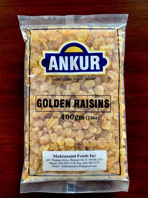 Front Label - 14 Oz, clear plastic package with UPC Code 8904 1704 10327. All ANKUR GOLDEN RAISIN 14Oz