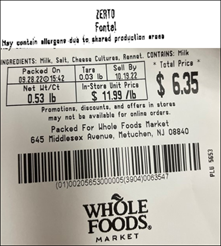 Retail product label of Zerto Fontal Cheese