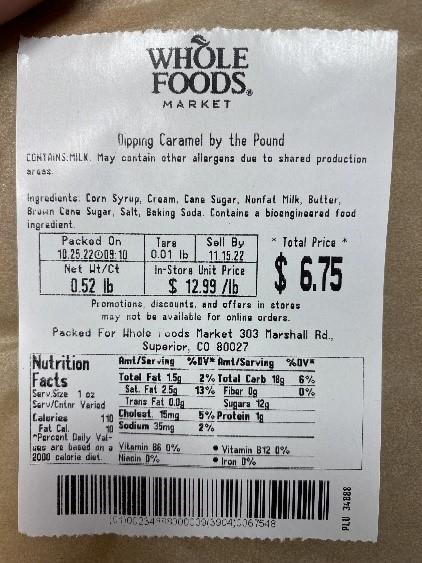 Product scale label Whole Foods Market Dipping Caramel