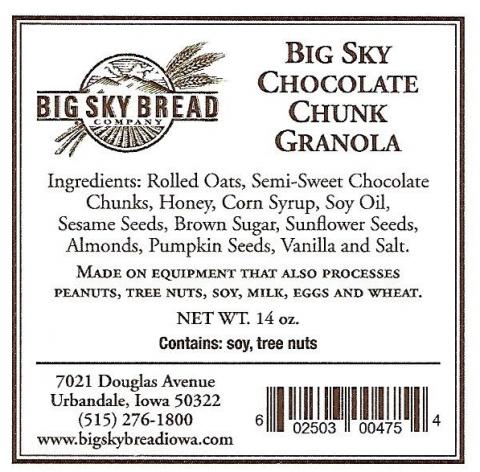 Product label, Big Sky Bread Company Big Sky Chocolate Chunk Granola, Net Wt. 14 oz.