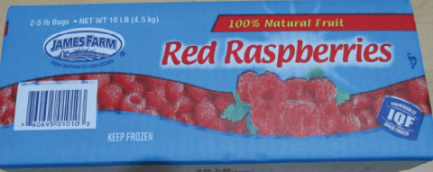 James Farms Frozen Raspberries : 2/5 lb. bags per 10 lb carton, UPC 76069501010 