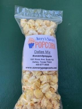 Product image representative label, Avery’s Savory Popcorn Dallas Mix