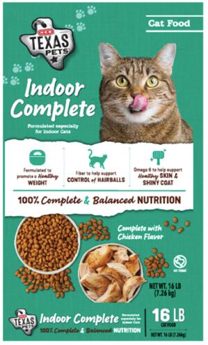Front of bag, HEB TEXAS PETS Indoor Complete Dry Cat Food