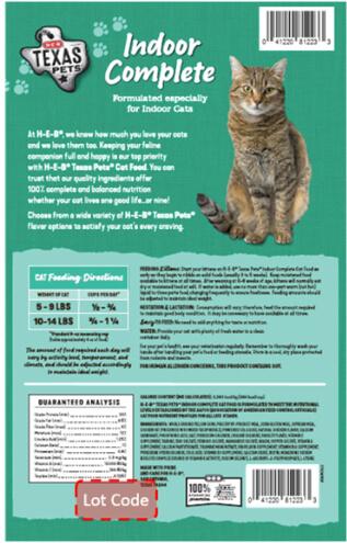 Back of bag, HEB TEXAS PETS Indoor Complete Dry Cat Food