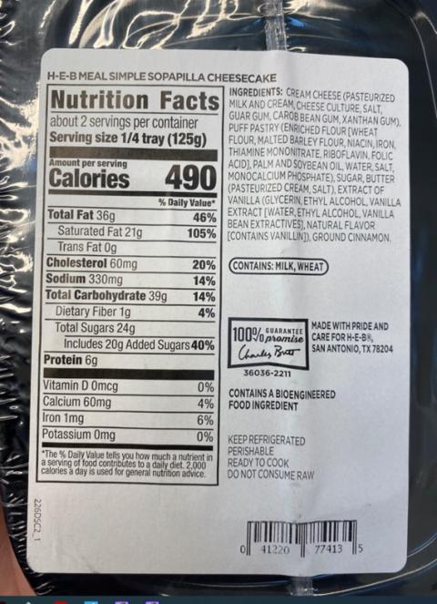 Back of package, H-E-B Meal Simple Brownie