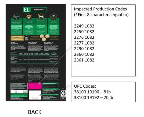 Product image, back label showing Production Codes and UPC, Pro Plan Veterinary Diets EL Elemental Dry Dog Food