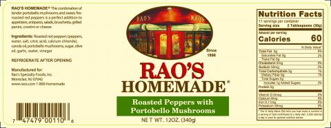 Rao’s Homemade, Roasted Red Peppers with Portobella Mushroom, Net Wt. 12 oz