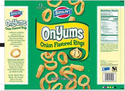 Image 1: Label and Nutrition Facts for Rudolph’s OnYums Onion Flavored Rings