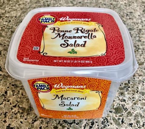 top lid label indicates Penne Rigate Mozzarella Salad, Net Wt 30 OZ