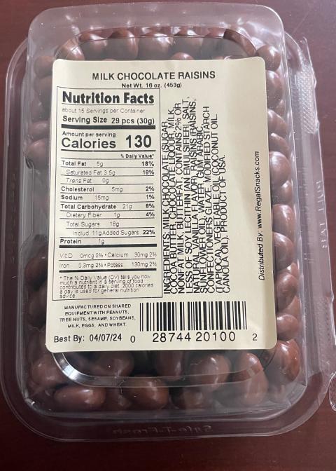 Image 2 -  Bottom of container, Milk Chocolate Raisin Nutrition Labeling