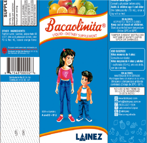 Label for Bacaolinita liquid dietary supplement