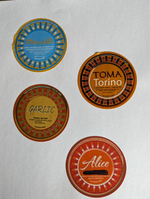 Product images of  Marielle, Garlic, Toma Torino, and Alice cheese products