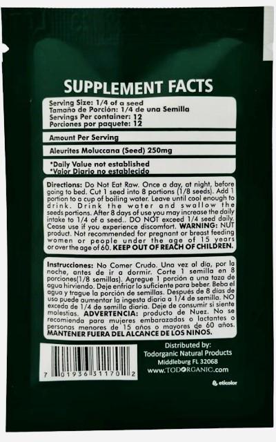 “Picture of Back of Todorganic Natural Products Nuez De La India 12 Seeds”