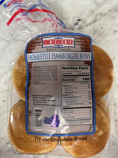 Back label, Knickerbocker Homestyle Hamburger Buns