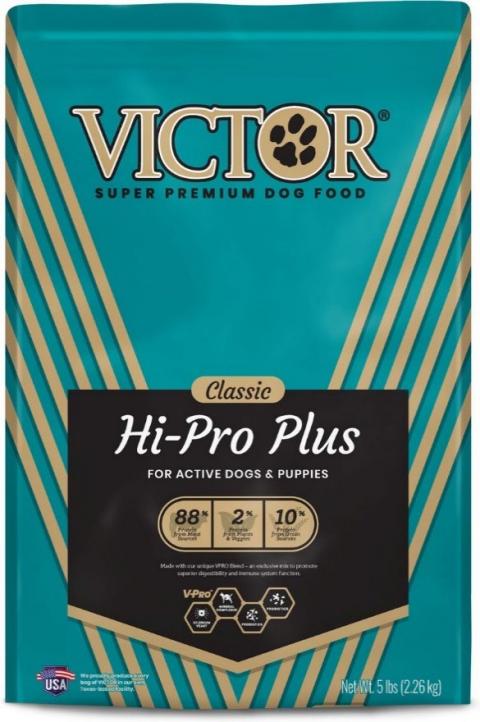 Victor Super Premium Dog Food, Hi-Pro Plus, Net Wt. 5 lbs, front label
