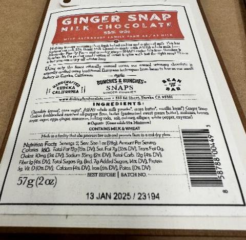 Back label Ginger Snap Milk Chocolate Bar, 2 oz
