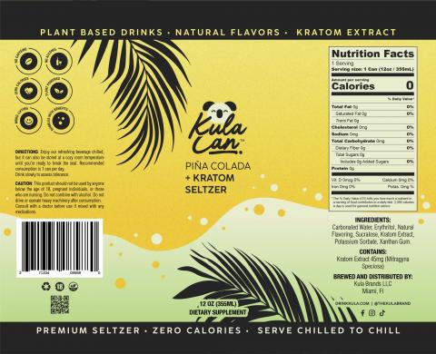 Image 1 “Product label, Kula Can brand Pina Colada + Kratom Selzer, 12 oz”