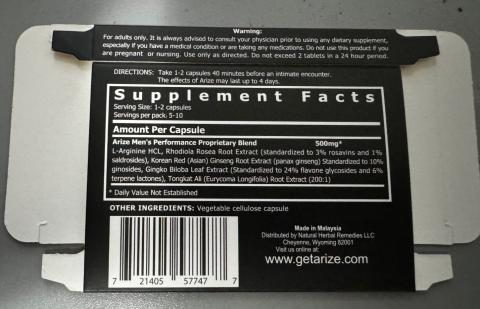 “Picture of back of package, Arize Dietary Supplements capsules”